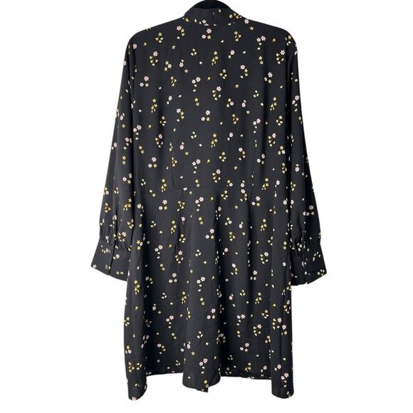LOFT Dress Womens Size 14 Black Floral Tie Neck Button Front Long Sleeve Flare - Picture 7 of 14